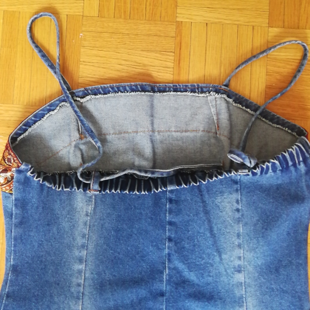 Vintage Blue Denim Slip Dress with Paisley Trim - Picture 5 of 10